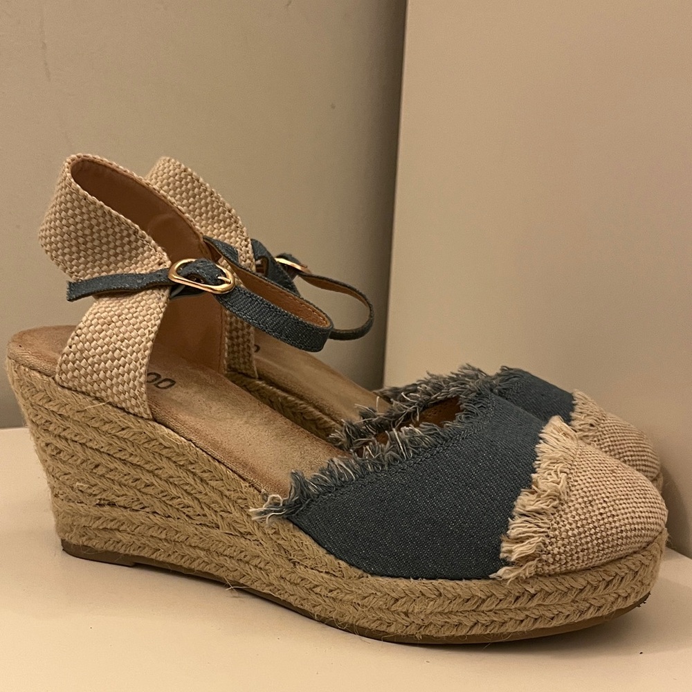 Elegant Denim and Tan Espadrille Wedges